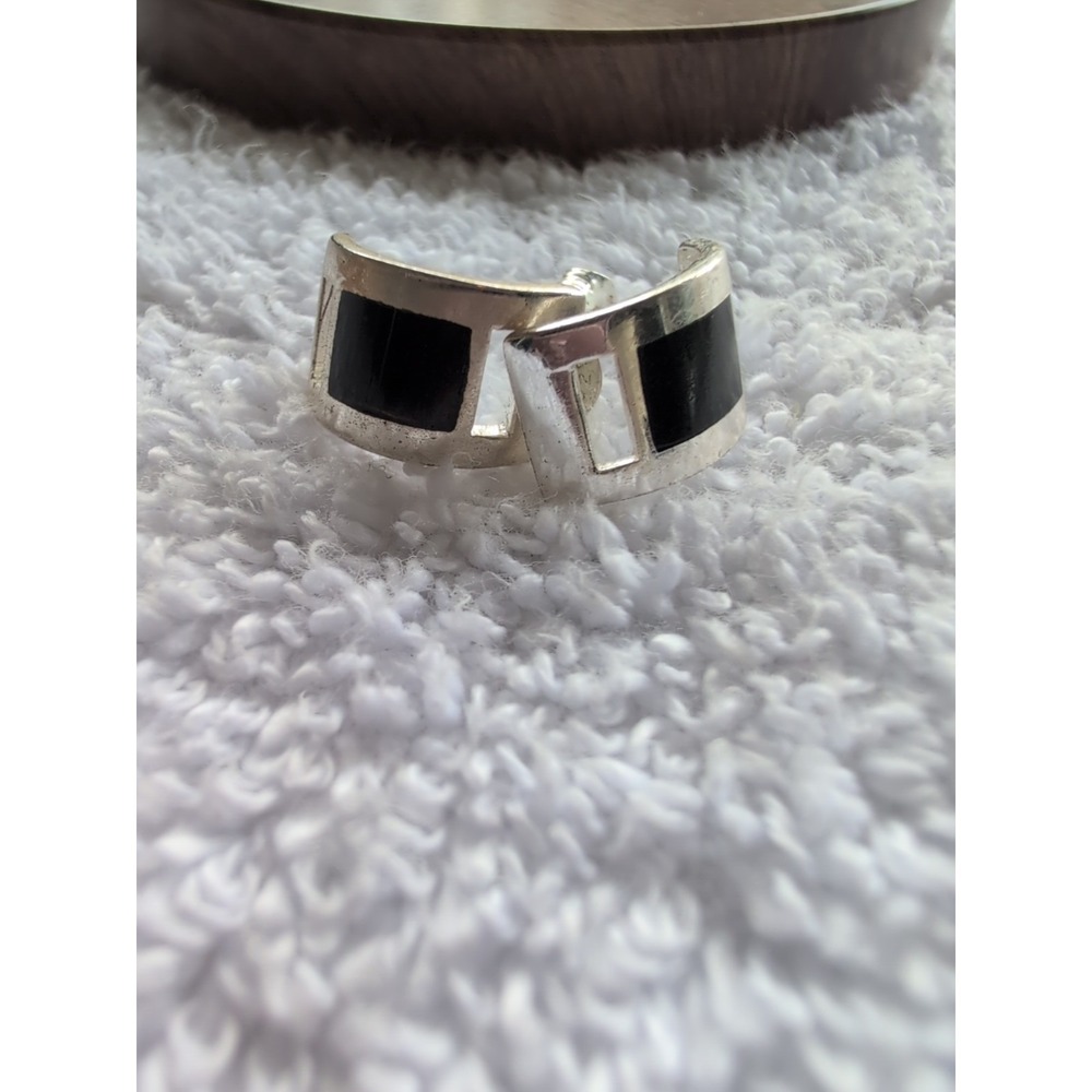Vintage Sterling Sign 925 SU Thailand Inlay Black Onyx Modern Pave Stud Earrings